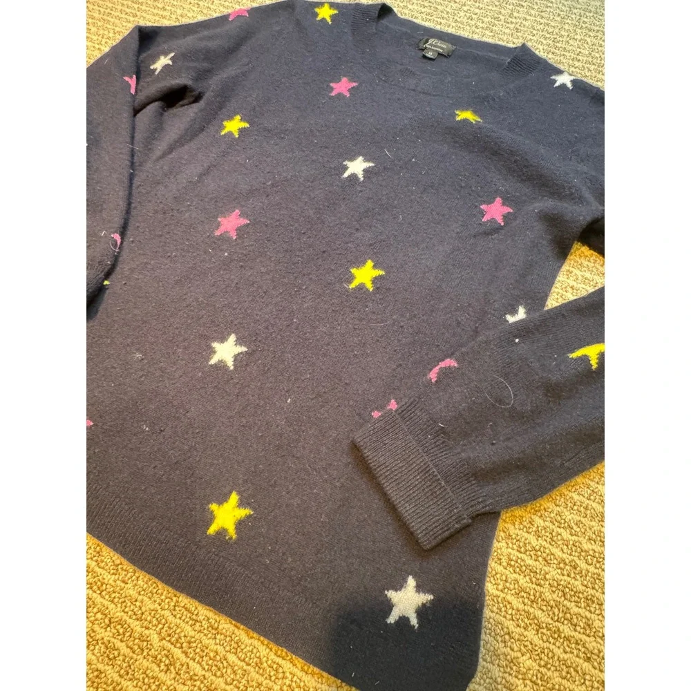 J.Crew Navy Blue 100% Cashmere Star Print Crewneck‎ Sweater Womens Medium M